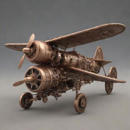 An airplane reimagined in a steampunk aesthetic, featuring a retro, propeller-driven design, adorned with brass and copper components, intricate gears and mechanical elements suggestive of a steam-powered era.