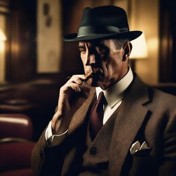 A classic mafioso character, dressed in a sharp suit and fedora, smoking a cigar