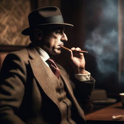 A classic mafioso character, dressed in a sharp suit and fedora, smoking a cigar