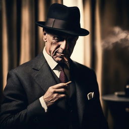 A classic mafioso character, dressed in a sharp suit and fedora, smoking a cigar