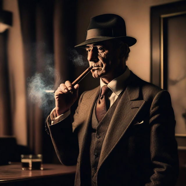 A classic mafioso character, dressed in a sharp suit and fedora, smoking a cigar