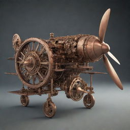 An airplane reimagined in a steampunk aesthetic, featuring a retro, propeller-driven design, adorned with brass and copper components, intricate gears and mechanical elements suggestive of a steam-powered era.