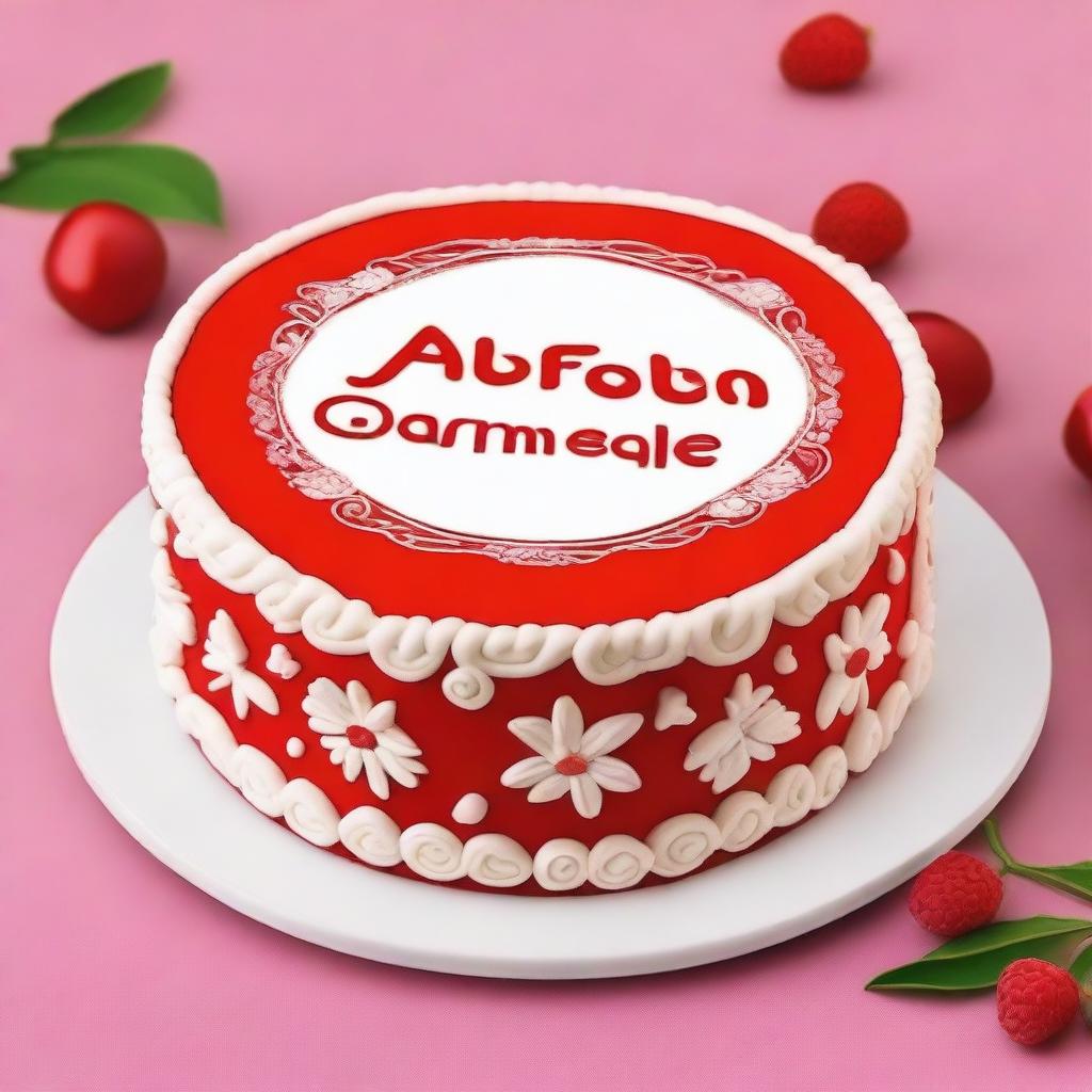 Create an image of a red bento cake with the inscription 'AkfaDesk Братан с днем варенье!'