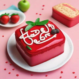 Create an image of a red bento cake with the inscription 'AkfaDesk Братан с днем варенье!'