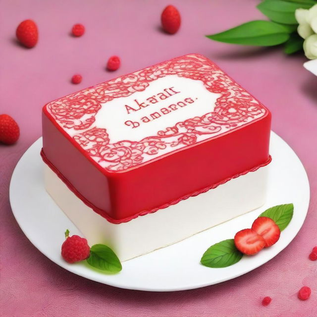 Create an image of a red bento cake with the inscription 'AkfaDesk Братан с днем варенье!'