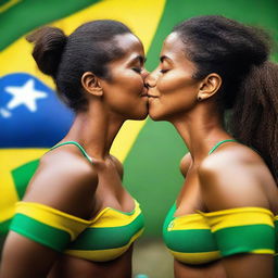 Two Brazilian women wearing soccer tops and no bottom clothes, sharing a kiss