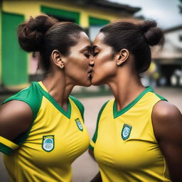 Two Brazilian women wearing soccer tops and no bottom clothes, sharing a kiss