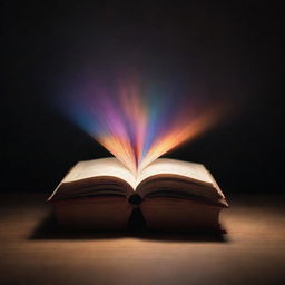 A radiant, glowing book levitating in a spotlight, its magical aura casting vibrant colors around. Pages whisper tales as they occasionally turn, fueled by an unseen force.