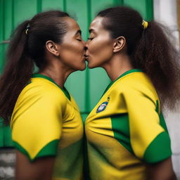 Two Brazilian women wearing soccer tops and no bottom clothes, sharing a kiss