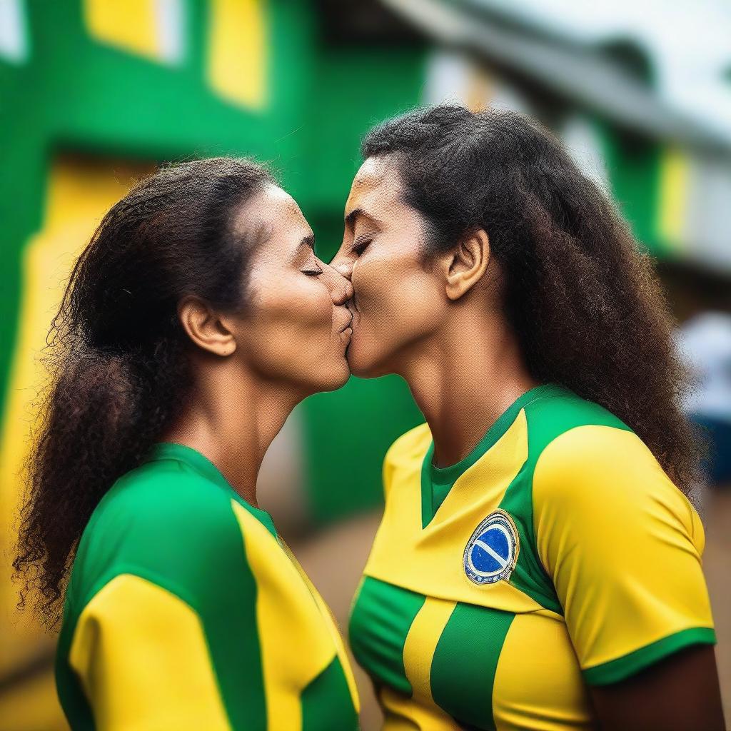 Two Brazilian women wearing soccer tops and no bottom clothes, sharing a kiss