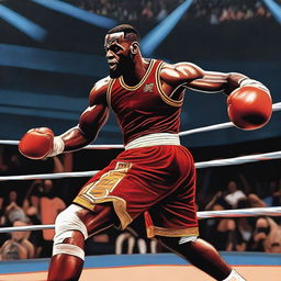 LeBron James, the famous basketball player, is depicted in a boxing ring, wearing boxing gloves and gear