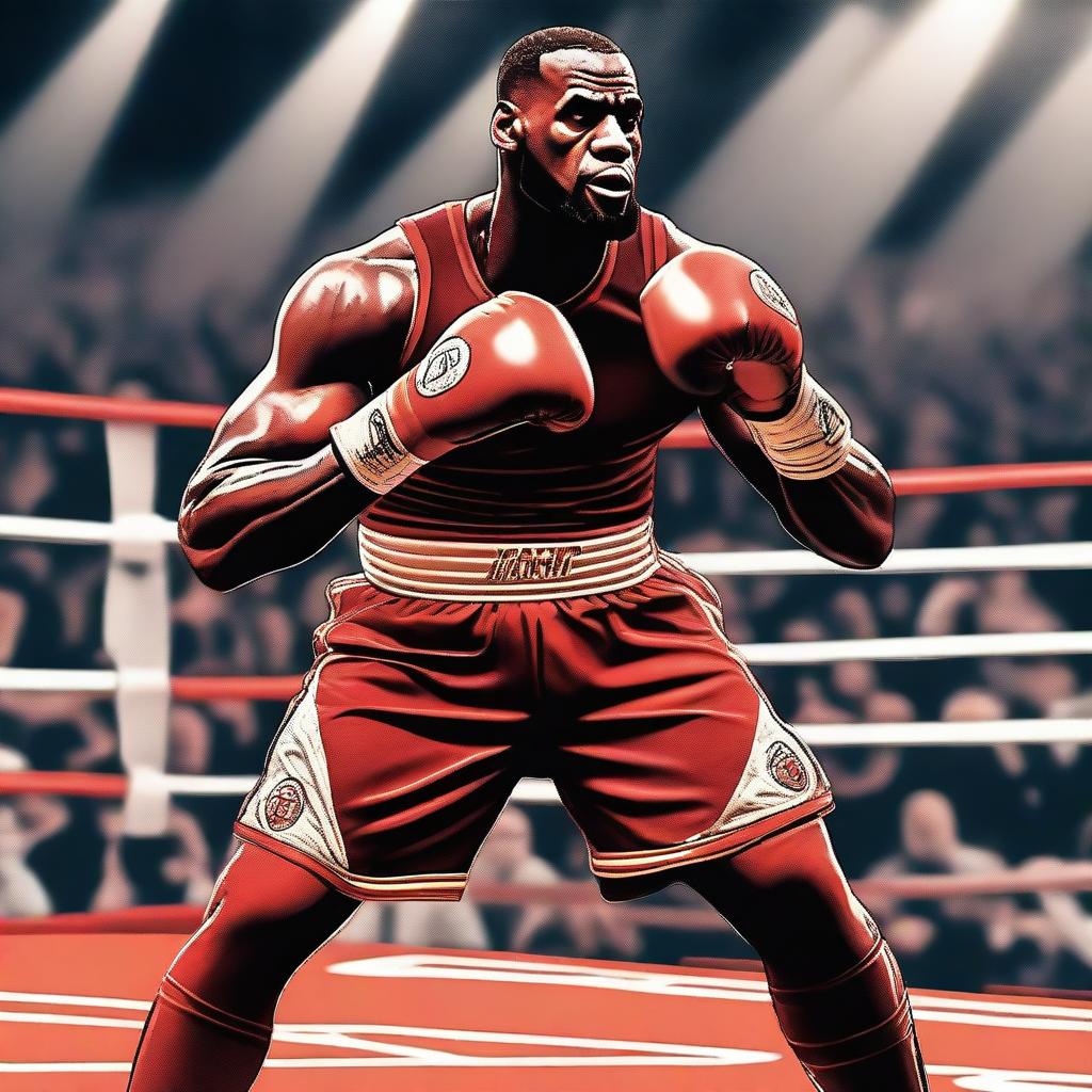 LeBron James, the famous basketball player, is depicted in a boxing ring, wearing boxing gloves and gear