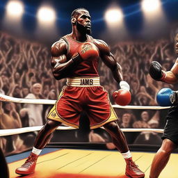 LeBron James, the famous basketball player, is depicted in a boxing ring, wearing boxing gloves and gear