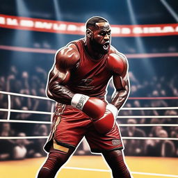 LeBron James, the famous basketball player, is depicted in a boxing ring, wearing boxing gloves and gear