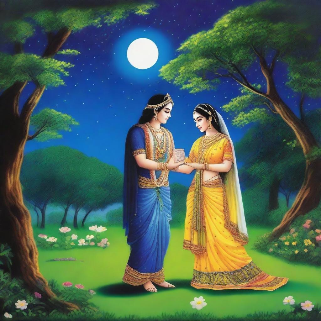 A serene and enchanting scene of Radha and Krishna in Vrindavan at night