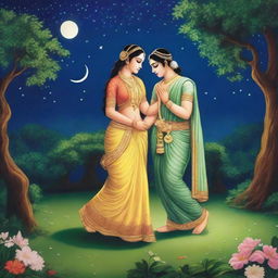 A serene and enchanting scene of Radha and Krishna in Vrindavan at night