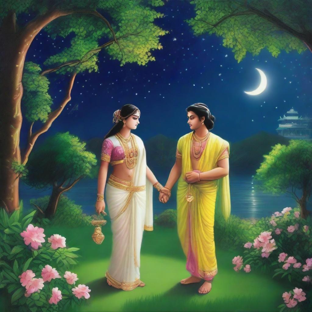 A serene and enchanting scene of Radha and Krishna in Vrindavan at night