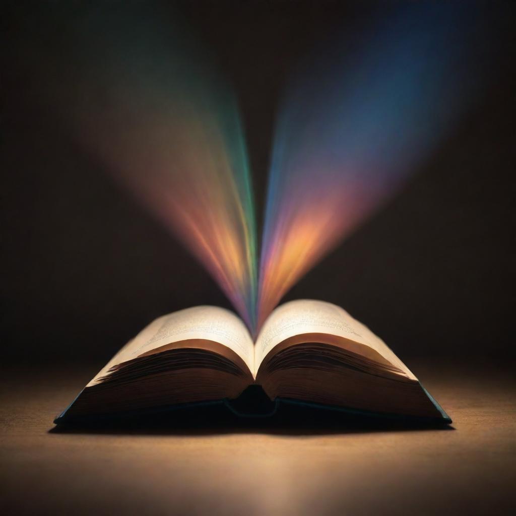 A radiant, glowing book levitating in a spotlight, its magical aura casting vibrant colors around. Pages whisper tales as they occasionally turn, fueled by an unseen force.