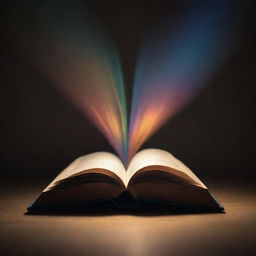 A radiant, glowing book levitating in a spotlight, its magical aura casting vibrant colors around. Pages whisper tales as they occasionally turn, fueled by an unseen force.