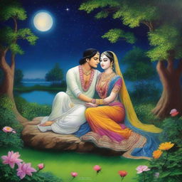 A serene and enchanting scene of Radha and Krishna in Vrindavan at night