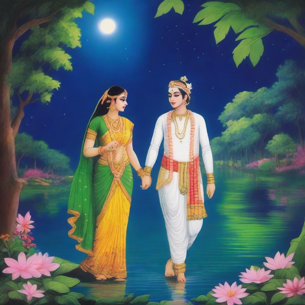 A serene night scene in Vrindavan featuring Krishna and Radha