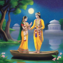 A serene night scene in Vrindavan featuring Krishna and Radha