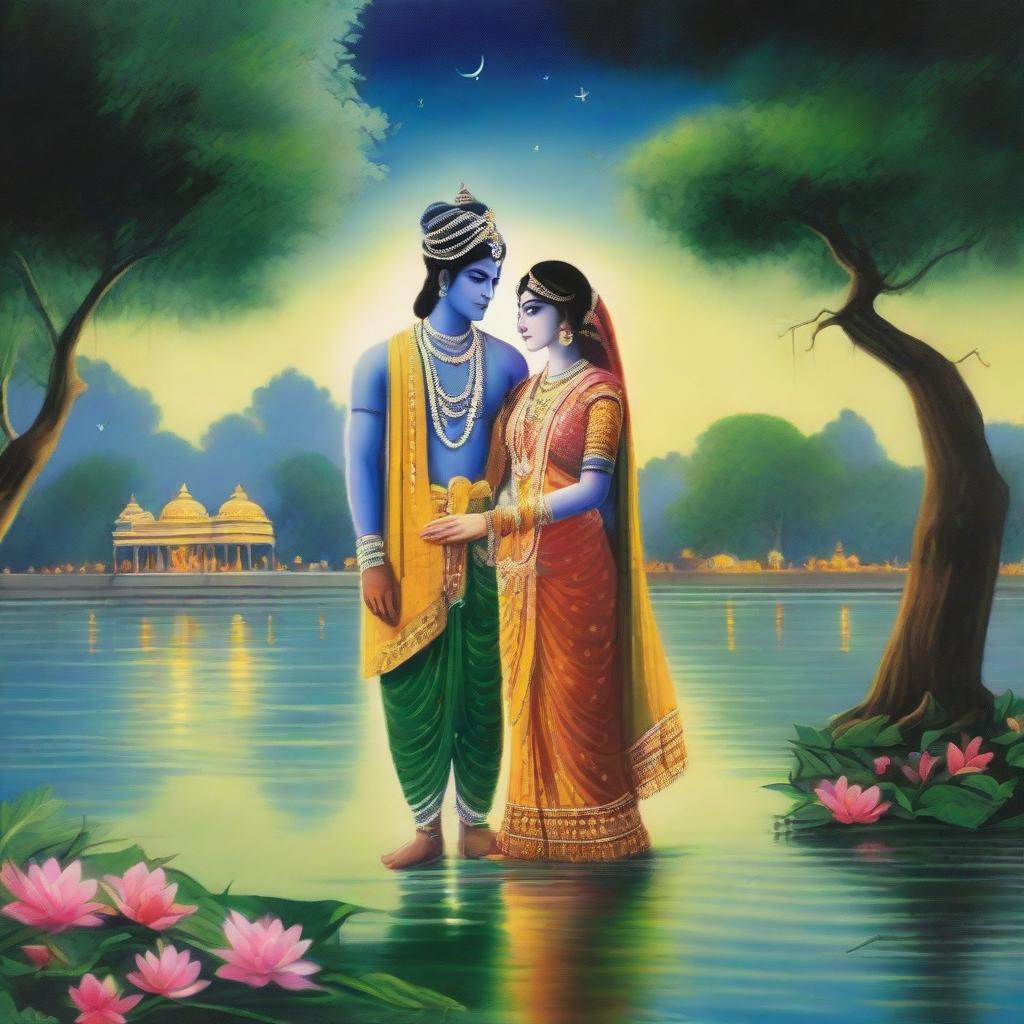 A serene night scene in Vrindavan featuring Krishna and Radha