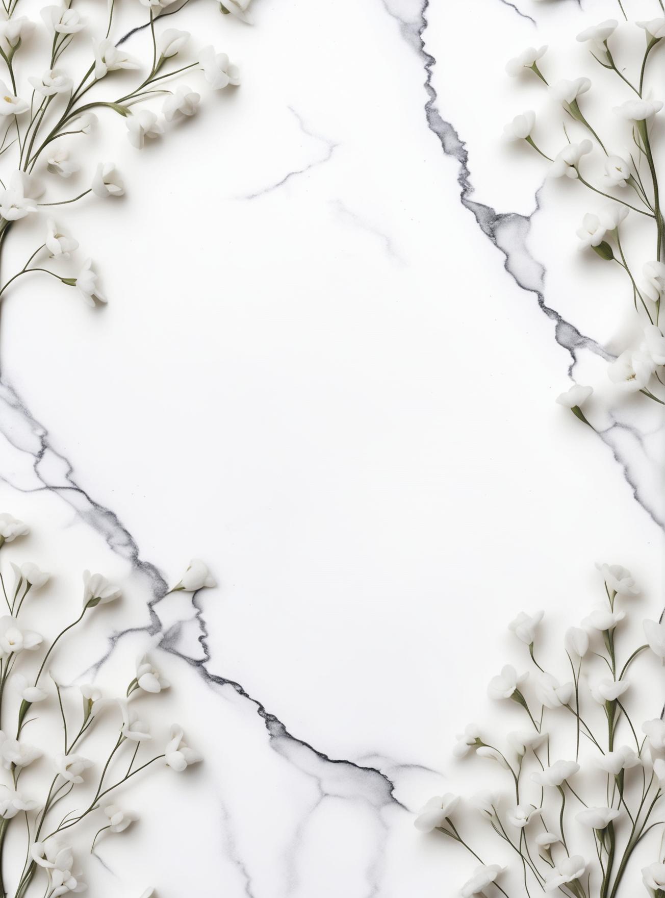 A beautiful wallpaper design with a white marble background and dainty white baby's breath flowers slightly framing the wallpaper