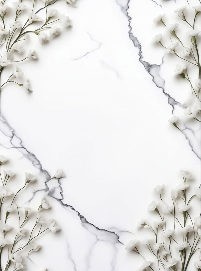 A beautiful wallpaper design with a white marble background and dainty white baby's breath flowers slightly framing the wallpaper