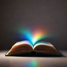 A radiant, glowing book levitating in a spotlight, its magical aura casting vibrant colors around. Pages whisper tales as they occasionally turn, fueled by an unseen force.