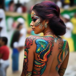 A Brazilian woman, viewed from behind, with her body beautifully painted