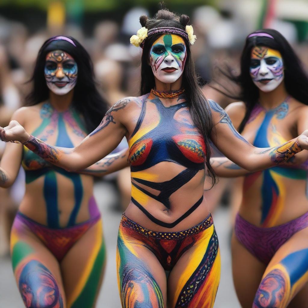 A group of Argentinian women with vibrant body paint are doing aerobics together