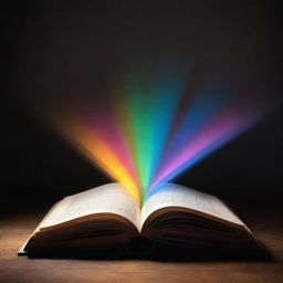 A radiant, glowing book levitating in a spotlight, its magical aura casting vibrant colors around. Pages whisper tales as they occasionally turn, fueled by an unseen force.