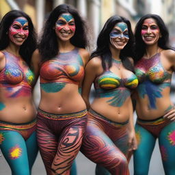 A group of Argentinian women with vibrant body paint are doing aerobics together