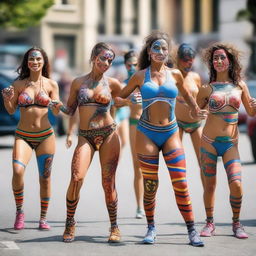 A group of Argentinian women with vibrant body paint are doing aerobics together