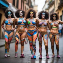 A group of Argentinian women with vibrant body paint are doing aerobics together