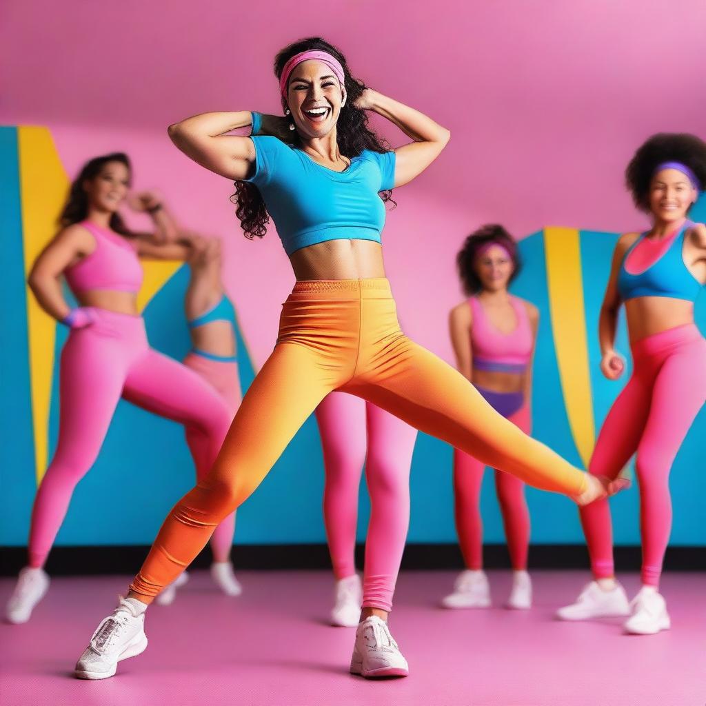 An Argentinian woman doing aerobics, dressed in 80s style gym clothes