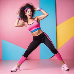 An Argentinian woman doing aerobics, dressed in 80s style gym clothes