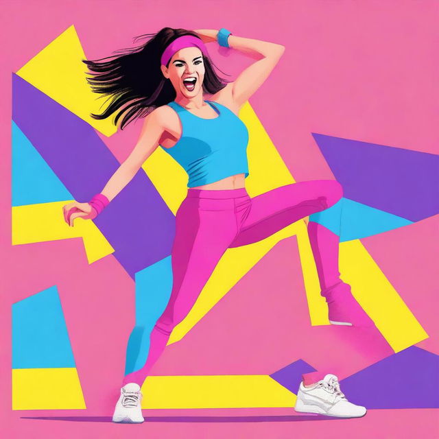 An Argentinian woman doing aerobics, dressed in 80s style gym clothes