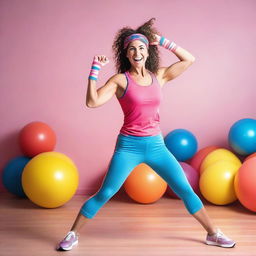 An Argentinian woman doing aerobics, dressed in 80s style gym clothes