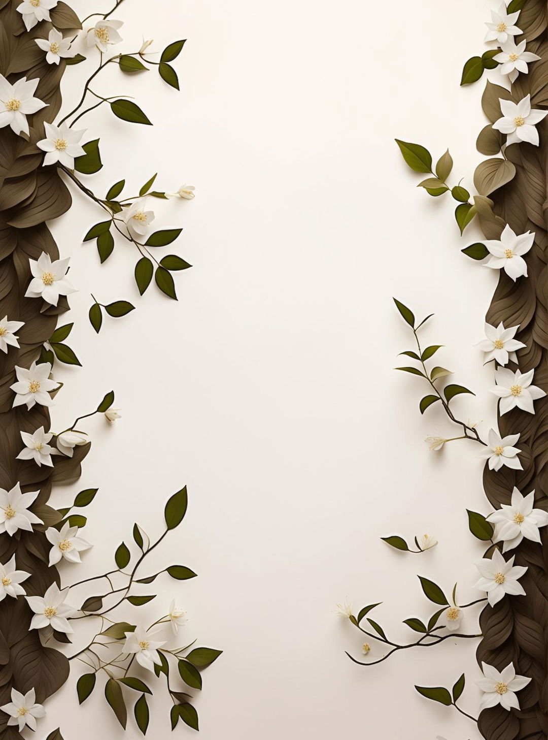 A beautiful wallpaper design with an ombre beige tones background and beautiful white jasmine plants slightly framing the wallpaper