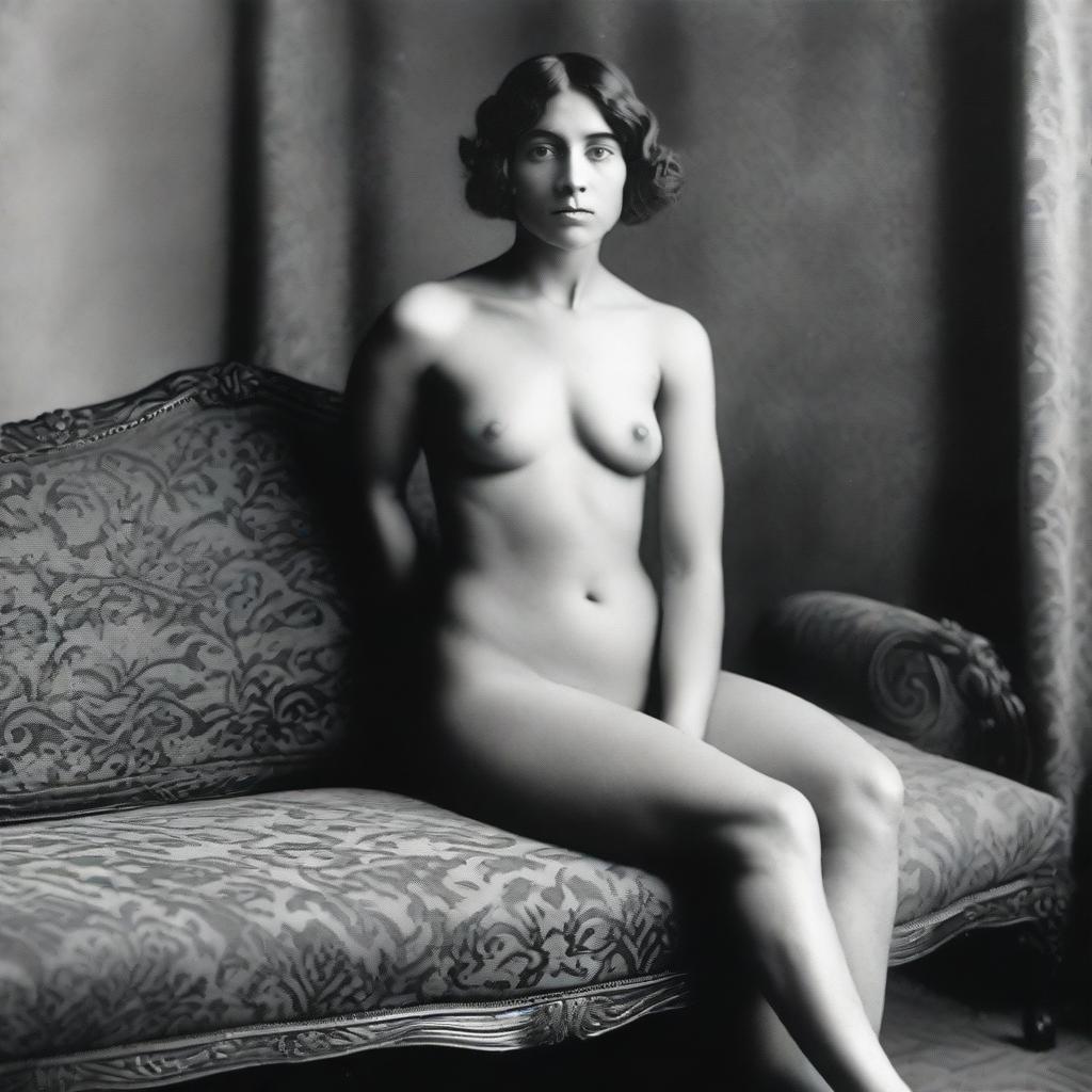 A black and white photograph of a nude Argentinian woman from 1913, posed elegantly on top of a vintage sofa