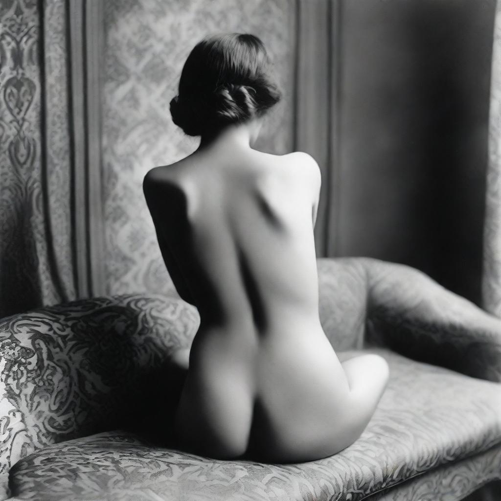 A black and white photograph of a nude Argentinian woman from 1913, posed elegantly on top of a vintage sofa with her back to the camera