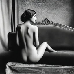 A black and white photograph of a nude Argentinian woman from 1913, posed elegantly on top of a vintage sofa with her back to the camera