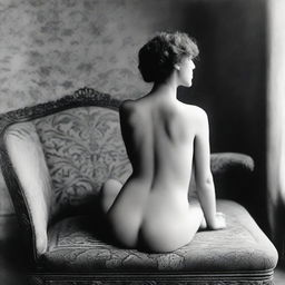 A black and white photograph of a nude Argentinian woman from 1913, posed elegantly on top of a vintage sofa with her back to the camera