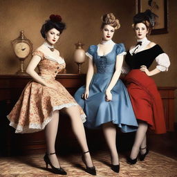 A group of Victorian era pin-up girls, dressed in period-appropriate yet alluring attire