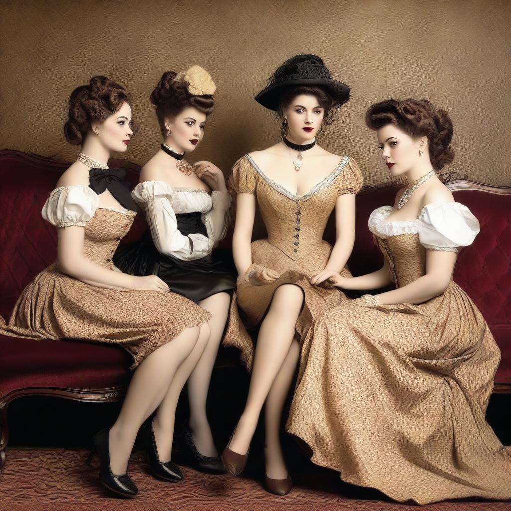 A group of Victorian era pin-up girls, dressed in period-appropriate yet alluring attire