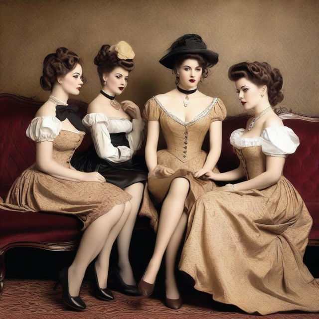 A group of Victorian era pin-up girls, dressed in period-appropriate yet alluring attire