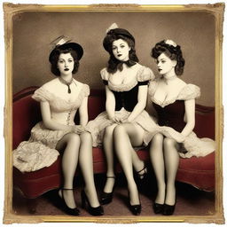 A group of Victorian era pin-up girls, dressed in period-appropriate yet alluring attire