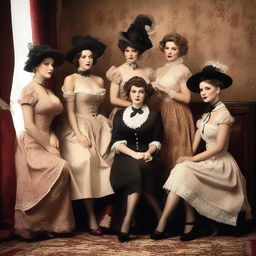 A group of Victorian era pin-up girls, dressed in period-appropriate yet alluring attire